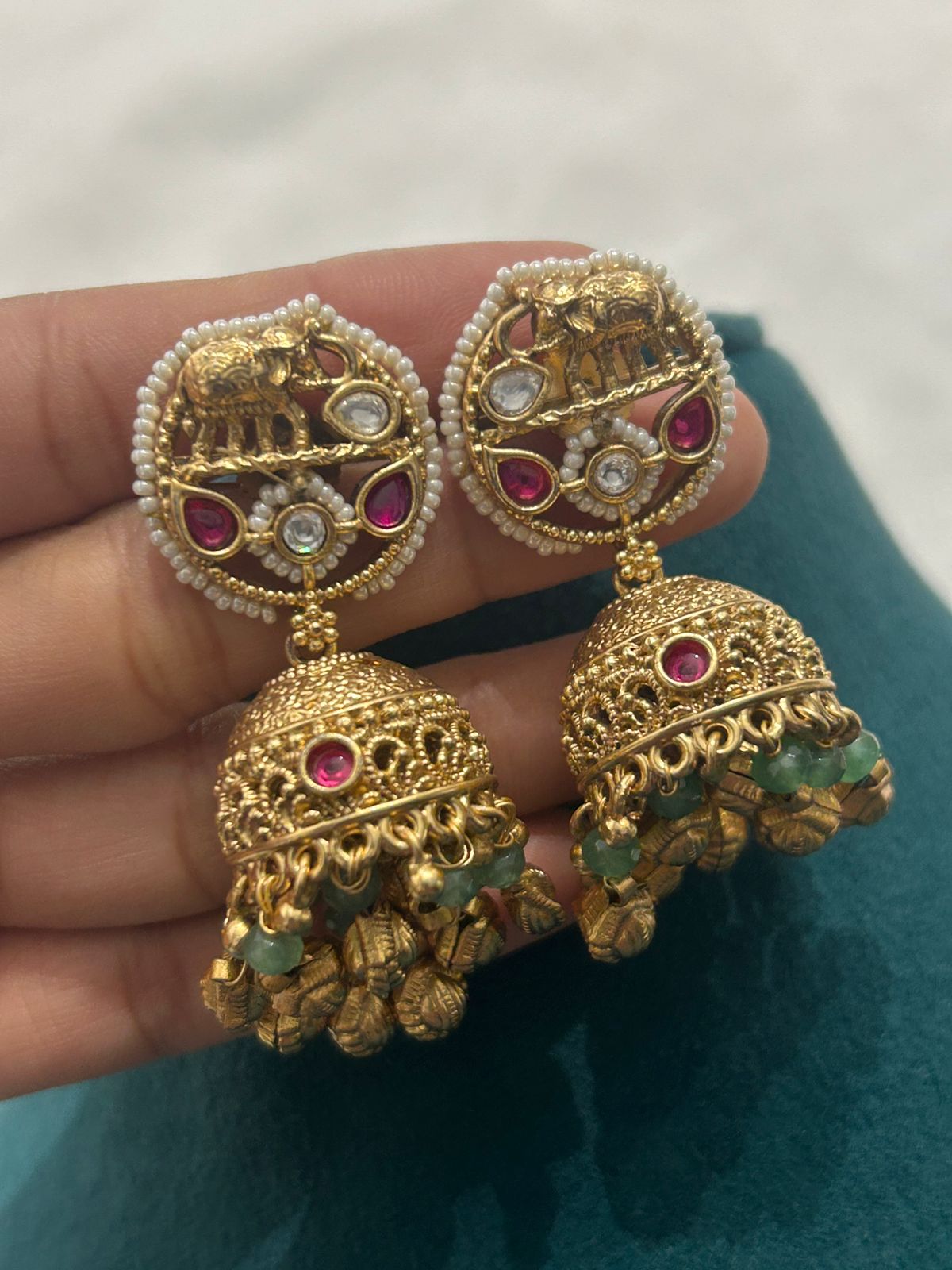 Antique Elephant Motif Temple Necklace Set with Ruby & Kundan Work